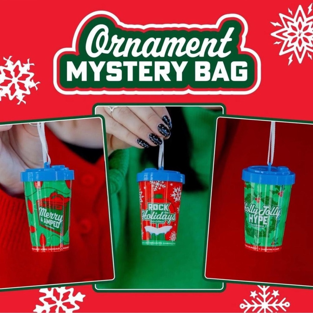 Dutch Bros Festive Ornament Mystery Bag - Blue, Red, Green